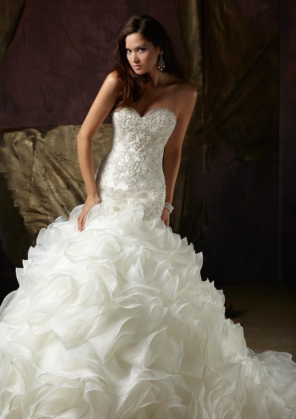 Flattering Mermais Ivory Fishtail Style Beaded Lace Appliques Bodice Organza Ruffles Wedding Dresses